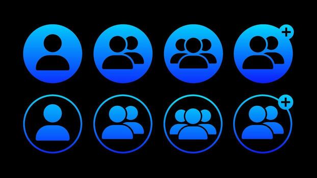 Blue Gradient Community Icons Set with User, Group, and Add Member Symbols for Digital UI vector