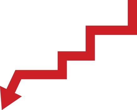 Red arrow descending like stairs on a white background indicating a downward trend in a business graph conveying a sense of loss and fa vector