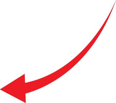 Curved red arrow pointing downwards on a white background indicating market decline loss or failure in a financial or business context vector