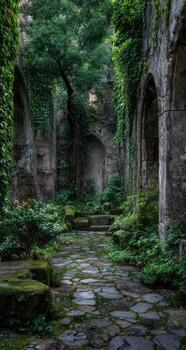 An old stone path leads to a building with green plants photo