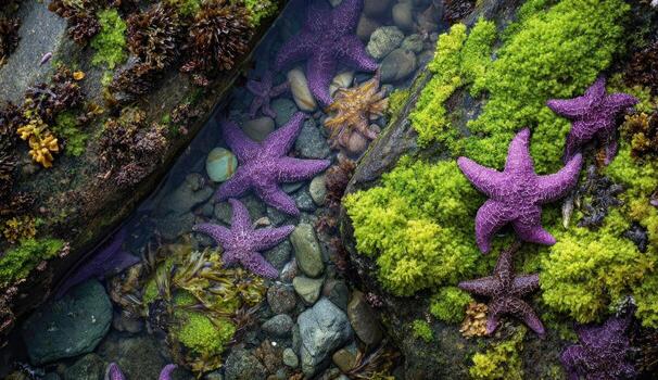 Purple starfishs on rocks in the ocean photo