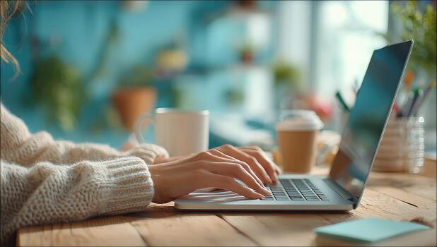 A woman typing on a laptop computer photo