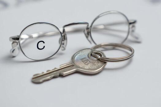 A pair of glasses and a key with the letter c photo
