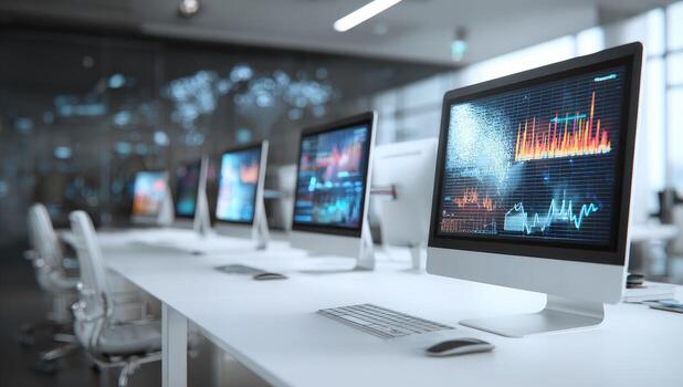 A row of computers with graphs on them photo