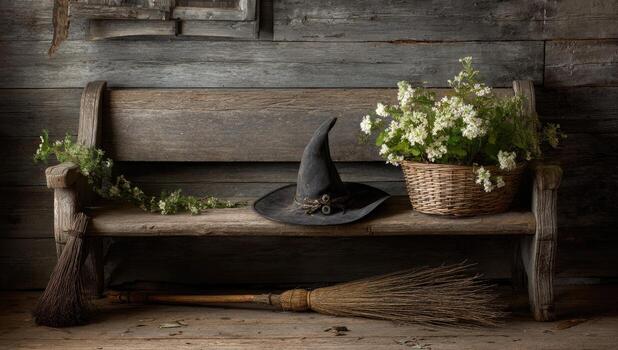 A bench with a broom and a hat on it photo