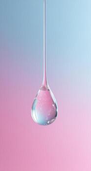 Drop of water on pink and blue background photo