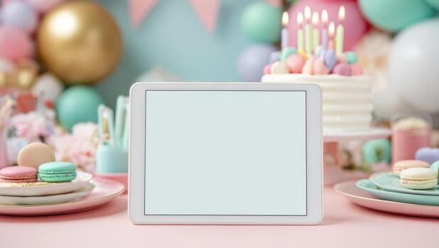 Tablet mockup with macarons and cake on pink background photo