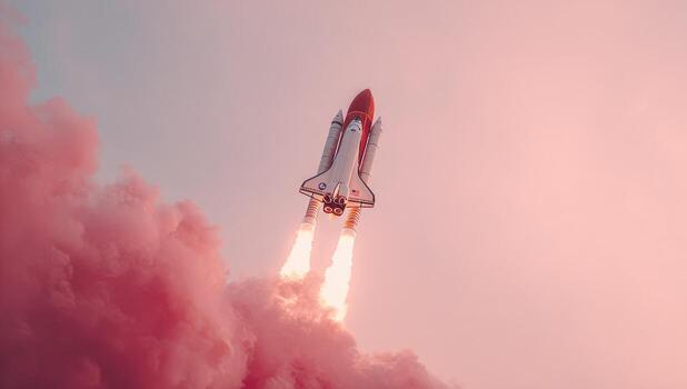 A space shuttle is flying through the sky with smoke coming out of it photo