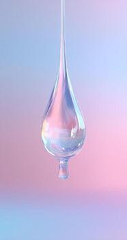 A drop of water hanging from a string on a pink and blue background photo
