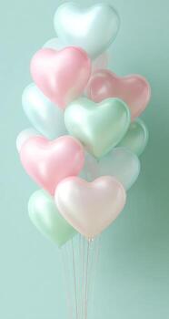 Pastel heart shaped balloons on a blue background 3d rendering photo