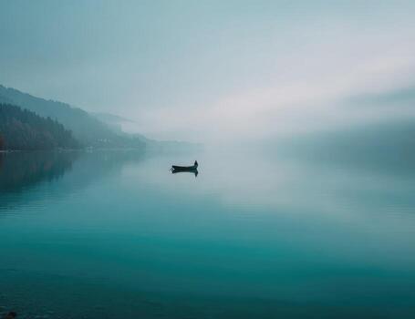 A lone boat floating on a calm lake in the fog photo