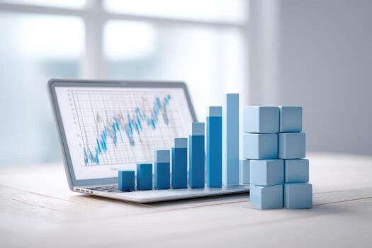 Laptop with blue cubes and graph on the table photo