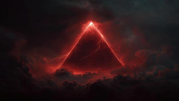 A red triangle with lightning in the sky photo