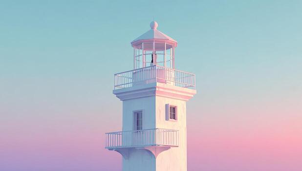 A white lighthouse with a pink sky background photo
