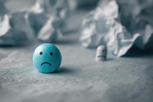 A blue egg with a sad face and a white paper photo