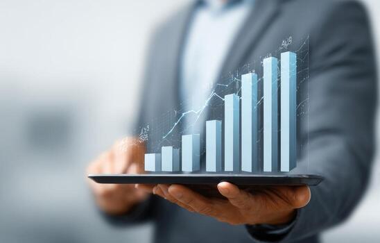 empresario participación tableta con grafico bar gráfico en eso foto