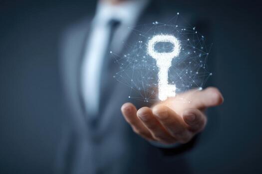 Businessman holding key in hand with network connection concept photo
