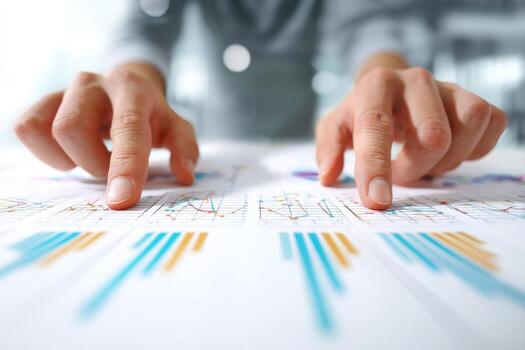 A person is pointing at graphs on a table photo