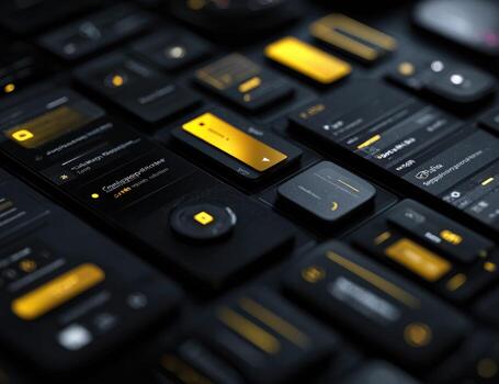A black and yellow ui kit with various buttons and icons photo