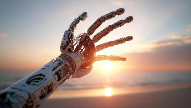 A robot hand reaching out to the sky at sunset photo