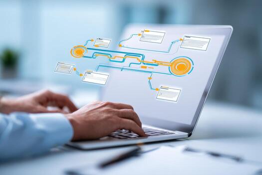 Man using laptop with business process diagram on screen photo