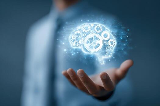 A man holding a brain with gears and gears photo