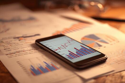 Mobile phone on desk with graphs and business documents photo