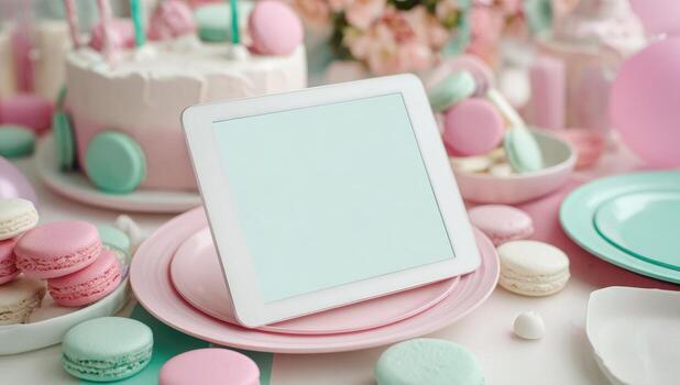 Tablet mockup with pink and blue plates and macarons photo
