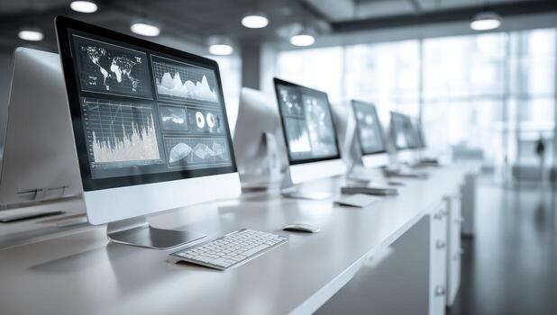 Multiple computer monitors on a desk in an office photo