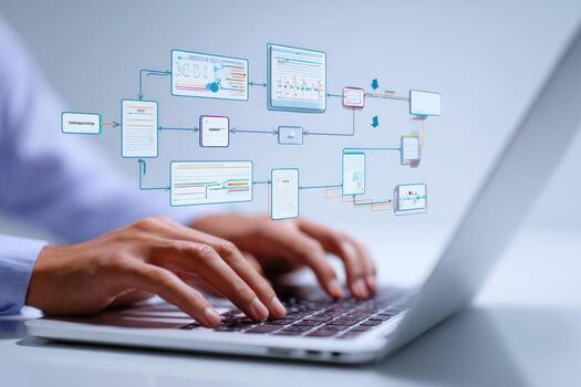 A person typing on a laptop with icons on the screen photo