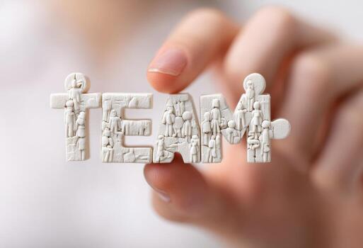 A hand holding a puzzle word team photo