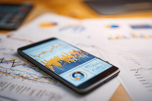 Mobile phone on desk with financial documents photo