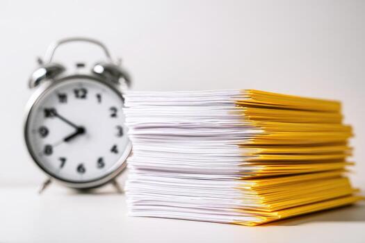 A stack of papers and an alarm clock photo