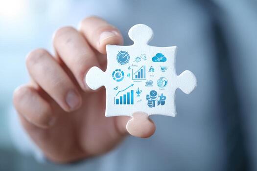 A person holding a piece of puzzle with icons on it photo