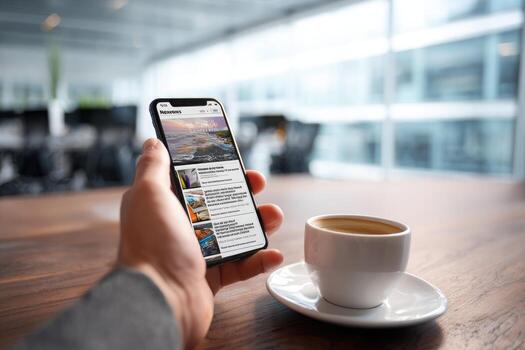 Man holding smartphone with news app on table photo