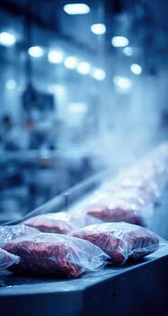 Meat is being packaged on a conveyor belt photo