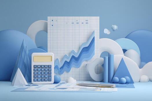 un calculadora, papel y un grafico son en un azul antecedentes foto