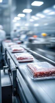 Meat processing line in factory with motion blur photo