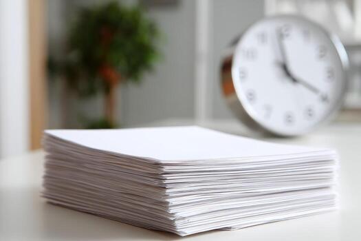 A stack of papers on a desk near a clock photo