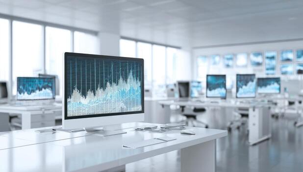 A computer monitor with a graph on it in an office photo