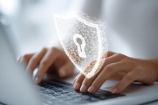 Security concept on laptop with shield and key on keyboard photo