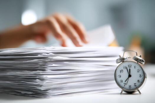 A person is holding a stack of papers and an alarm clock photo