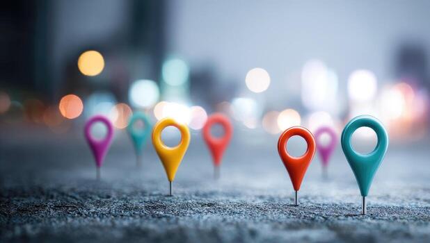 Many colorful pin markers are placed on the ground photo