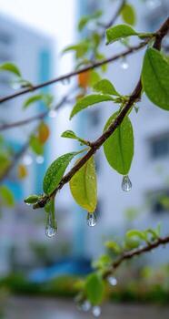 Raindrops on a tree branch with buildings in the background photo