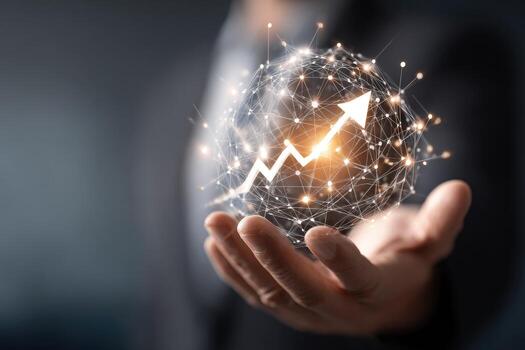 empresario participación un brillante globo con un creciente grafico y red conexión foto