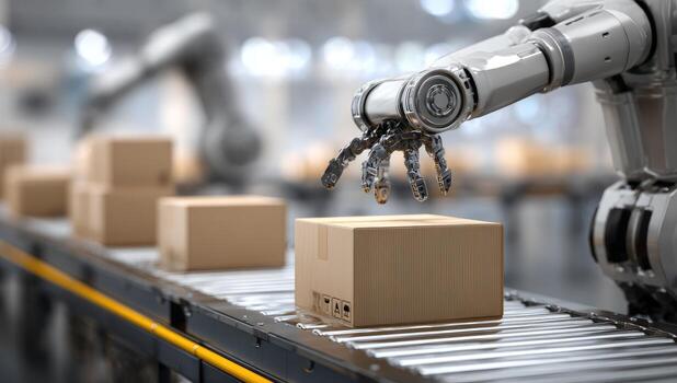 A robot is picking up boxes from a conveyor belt photo