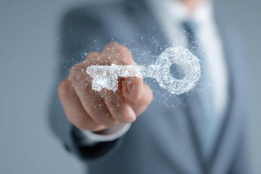 Businessman holding a key with a digital image photo