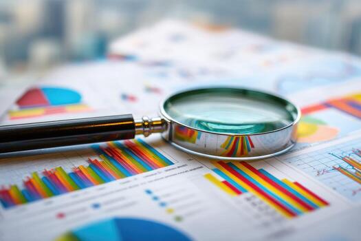 Magnifying glass on business documents photo