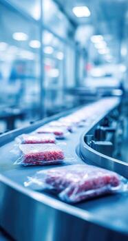 Meat is being processed on a conveyor belt in a factory photo