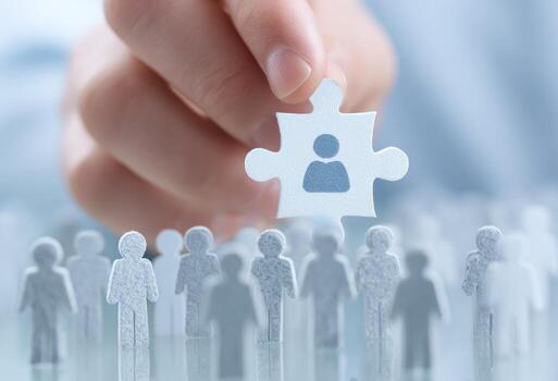 Hand holding a puzzle piece with a person on it photo